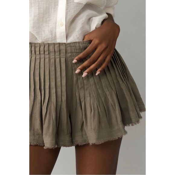 NEW By Anthropologie Moss Pleated Fringed Linen Mini Skirt Skirty Shorts Size 12 - Picture 4 of 5